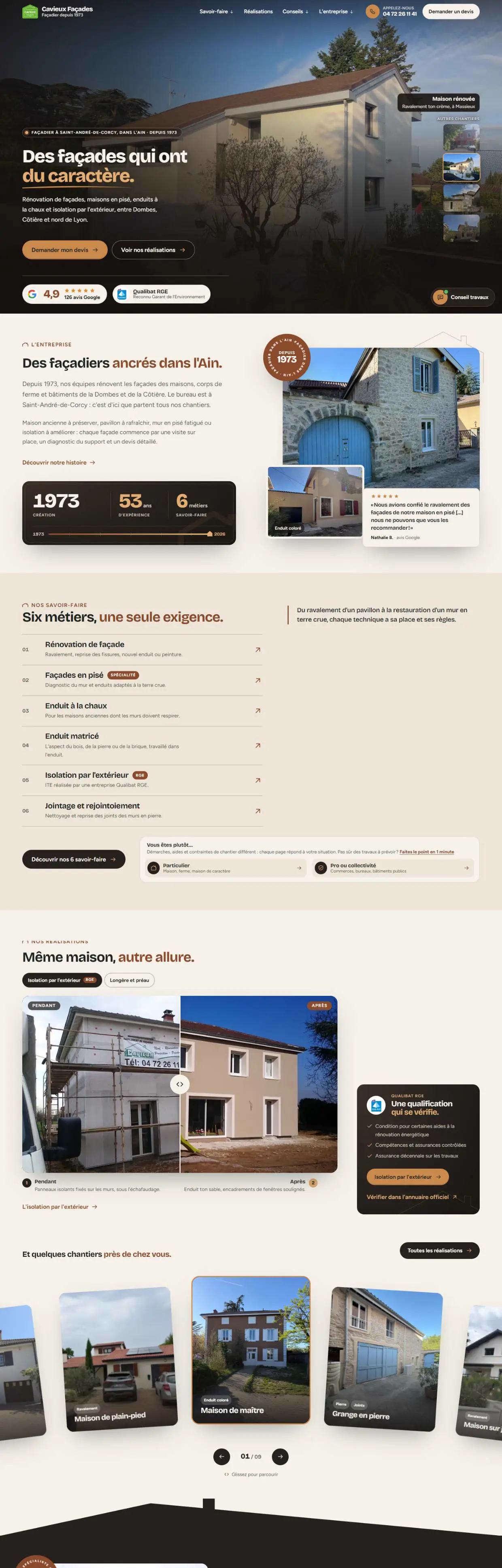 Page d'accueil du site de Cavieux Façades, façadier à Saint-André-de-Corcy dans l'Ain