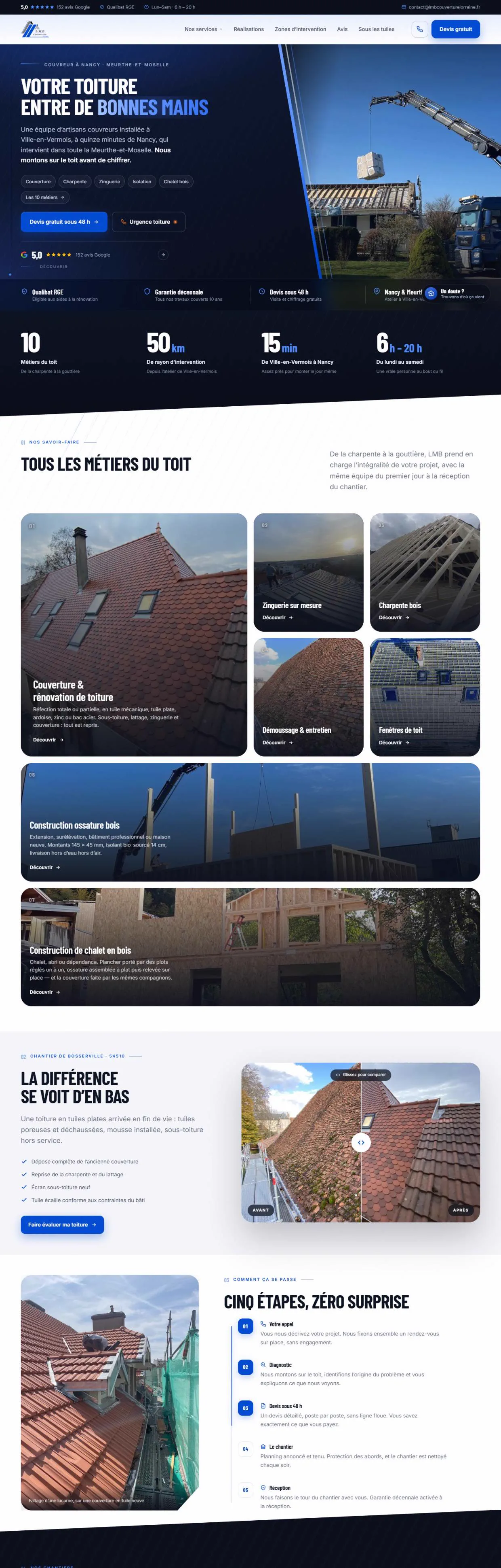 Page d'accueil du site de LMB Couverture, couvreur à Ville-en-Vermois près de Nancy