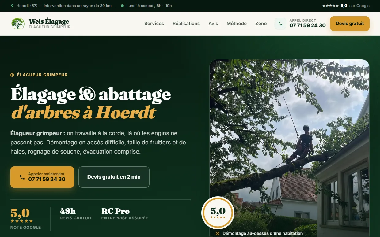 Page d'accueil du site de Wels Élagage, élagueur grimpeur à Hoerdt dans le Bas-Rhin